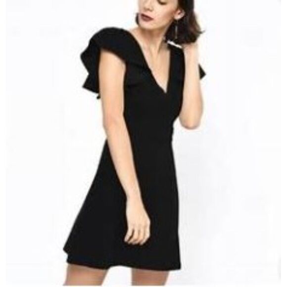 BCBGeneration V Neck Plunge Flutter Sleeve Waterfall Ruffle Mini Black Dress - Picture 1 of 12